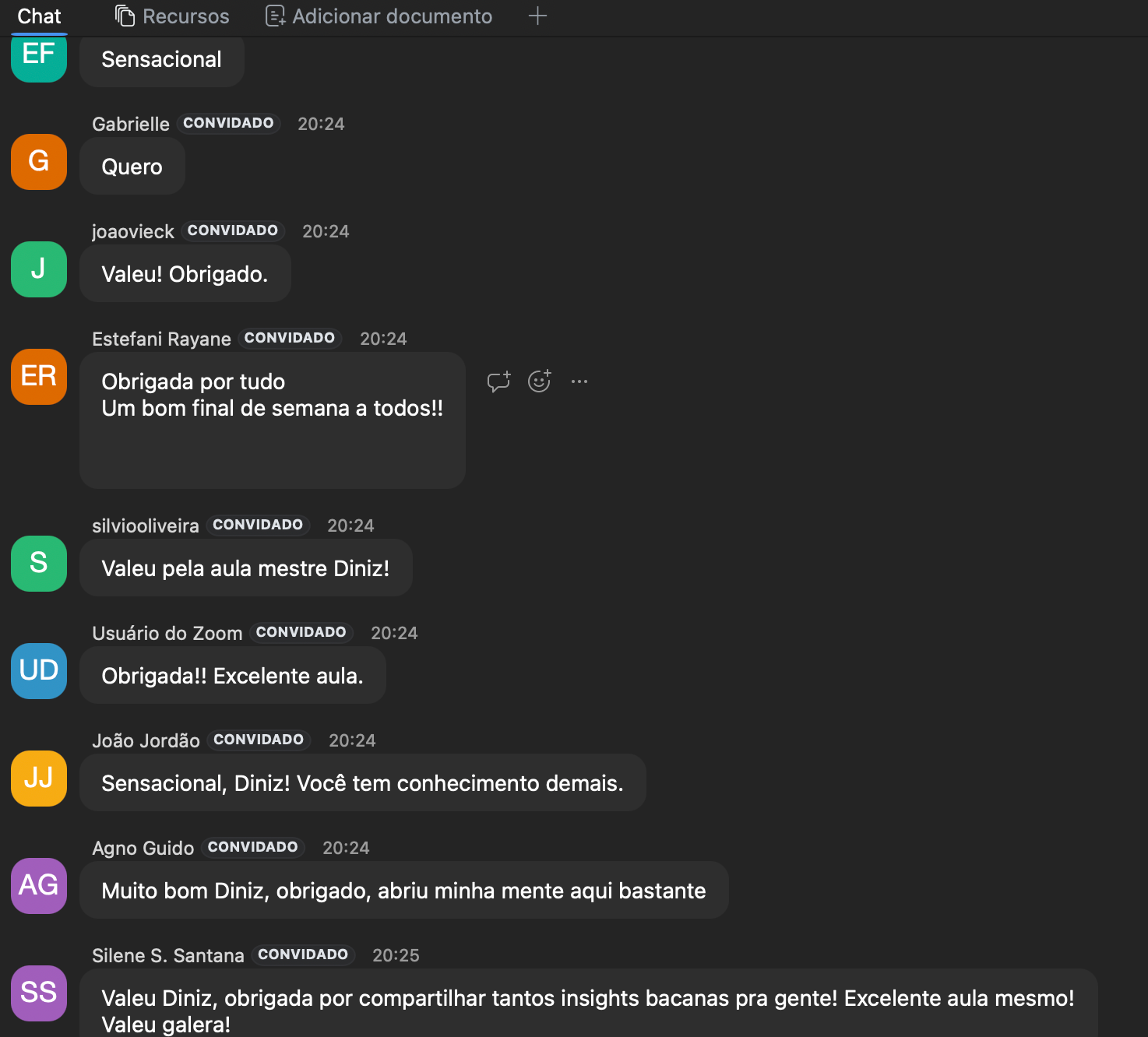 Comentários dos alunos na aula ao vivo